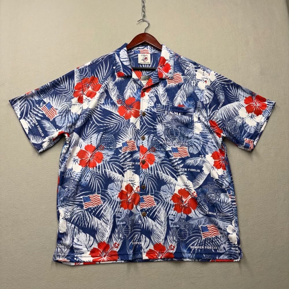 AE Sport USMC Hawaiian Shirt Mens XXL Blue Semper Fidelis Patriotic Floral USA